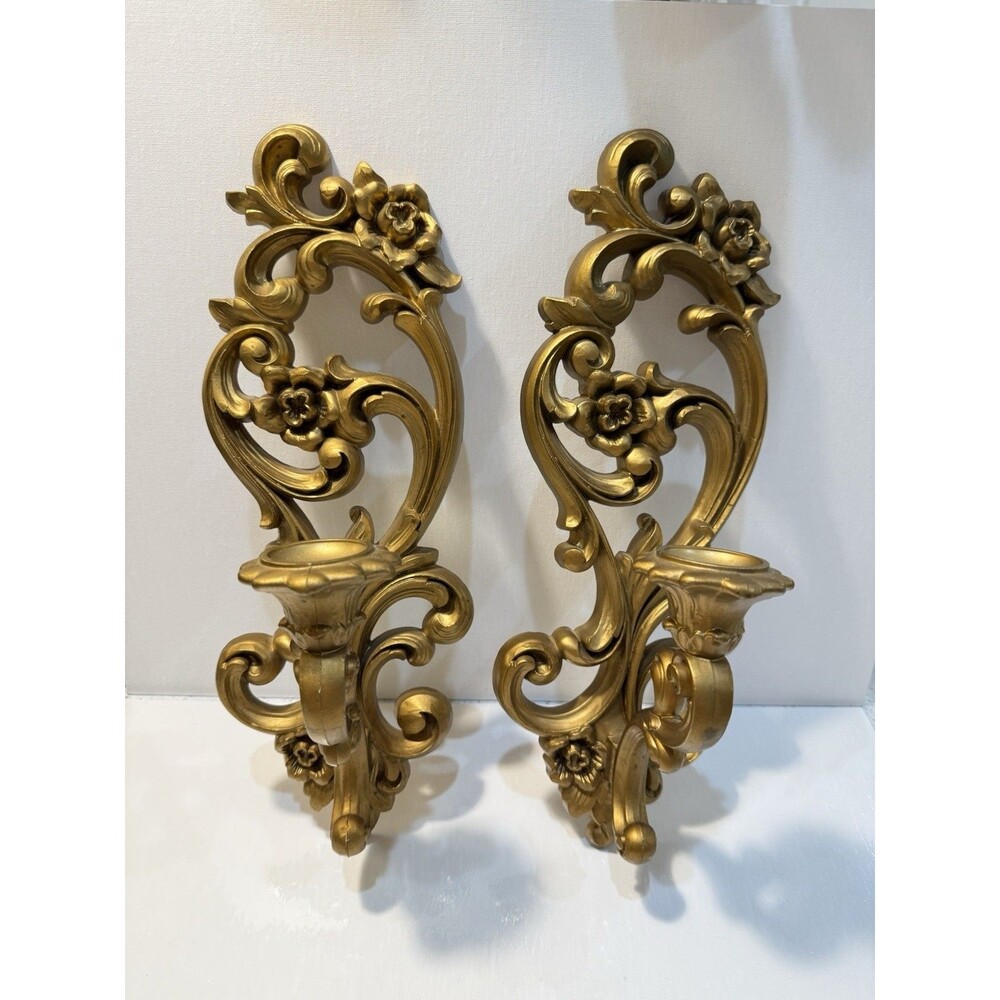 Vintage 1971 Homco Ornate Floral Scroll Wall Sconces Candle Holders Hollywood